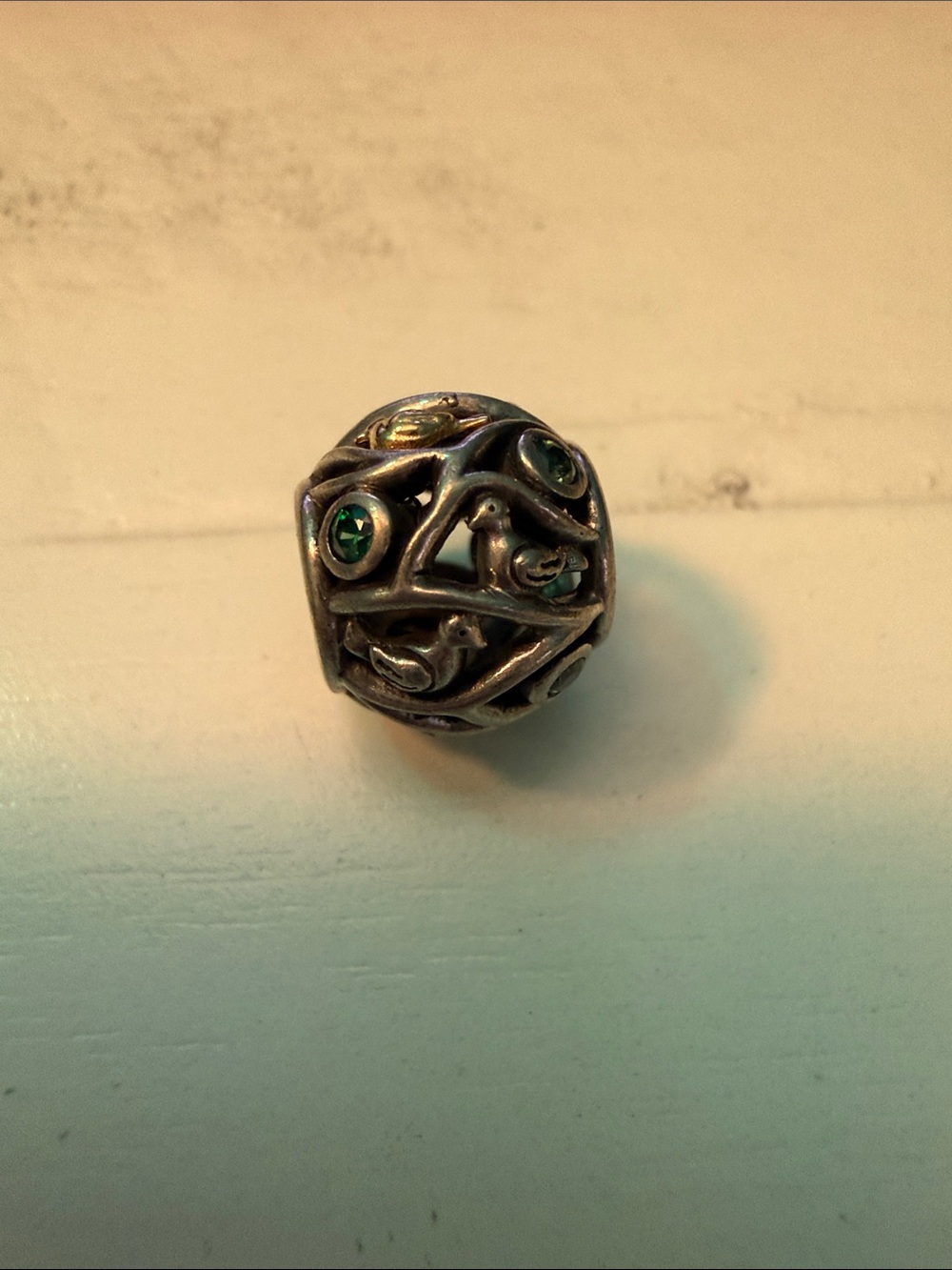 Pandora Silver Green Crystal Bird Filigree Charm with gold accents